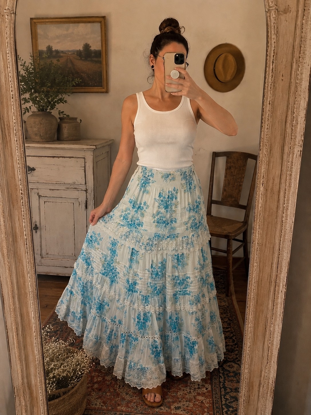 Loveshack Fancy Julieta Skirt Tiered Cotton Maxi Skirt Floral Boho NWOT, Medium